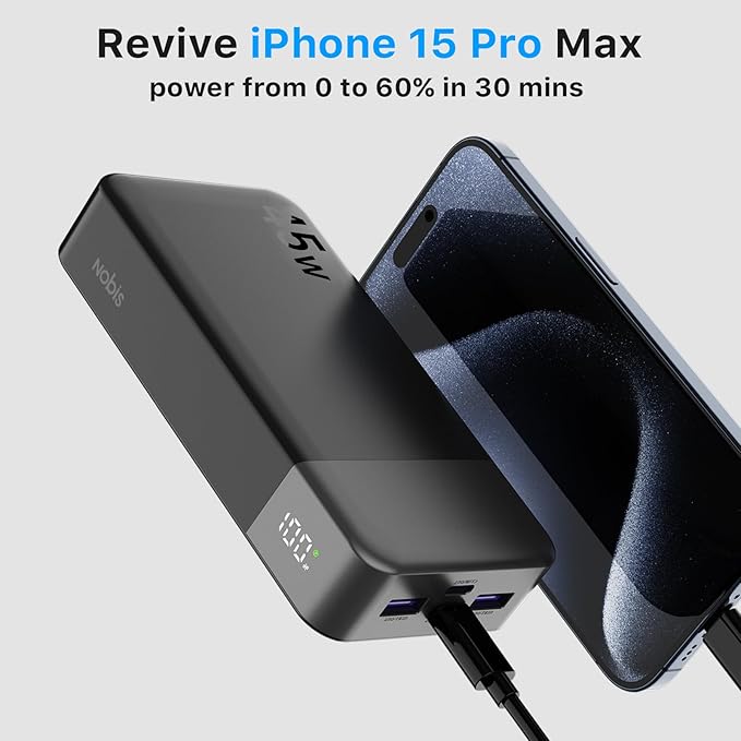 NOBIS Portable Charger, 20000mAh Power Bank, 45W Power Bank Fast Charging, Battery Pack with C to C Cable, Battery Bank with Digital Display for iPhone Android Laptop etc(Black)