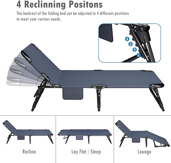 ATORPOK Folding Camping Cot for Adults with Padded Mattress and Pillow, Adjustable Reclining Lounger Sleeping Cot Bed, Ideal for Camping, Travel, Garden, or Office Use, Blue