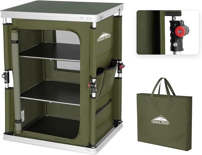 EAGLE PEAK Outdoor Folding Camping Table with Large 3-Tier Storage Organizer and Side Pockets, Easy Set Up Portable Aluminum Camping Kitchen, Green