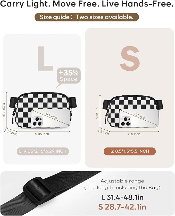 Pritent Fanny Packs for Women Cross Body Bag Waterproof Belt Bag with Adjustable Strap and Zipper Back Pocket Small Crossbody Bags Fashion Waist Packs for Workout Travelling(Checkered Black)