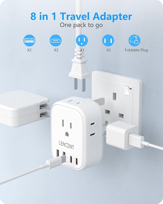 LENCENT 3 Pack US to UK Ireland Travel Plug Adapter,Grounded Type G Adapter For Travel with 4 Outlets 4 USB Ports (2 USB C), Power Plug for USA to Dubai Scotland British London England Hong Kong