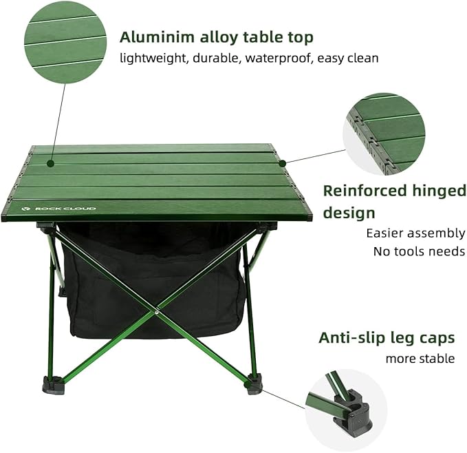 ROCK CLOUD Portable Camping Table Ultralight Aluminum Camp Table with Storage Bag Folding Beach Table for Camping Hiking Backpacking Outdoor Picnic, Green