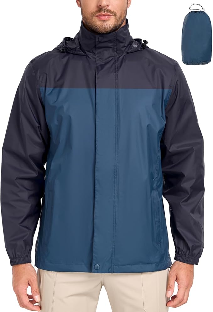 MANSDOUR Men's Packable Rain Jacket Waterproof Lightweight Windbreaker Cycling Golf Hiking Reflective Raincoat with Hood