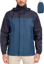 MANSDOUR Men's Packable Rain Jacket Waterproof Lightweight Windbreaker Cycling Golf Hiking Reflective Raincoat with Hood
