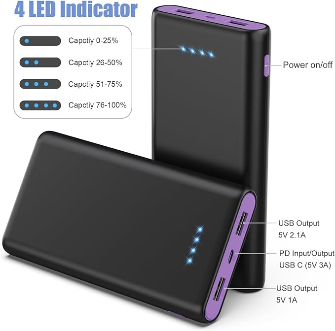 Portable Charger Power Bank 25,800mAh, 5V/3A USB C in&Out Fast Phone Charging with Intelligent Smart IC,3 USB Port External Cell Phone Battery Pack Compatible with iPhone 16 15,Samsung,Android-Purple