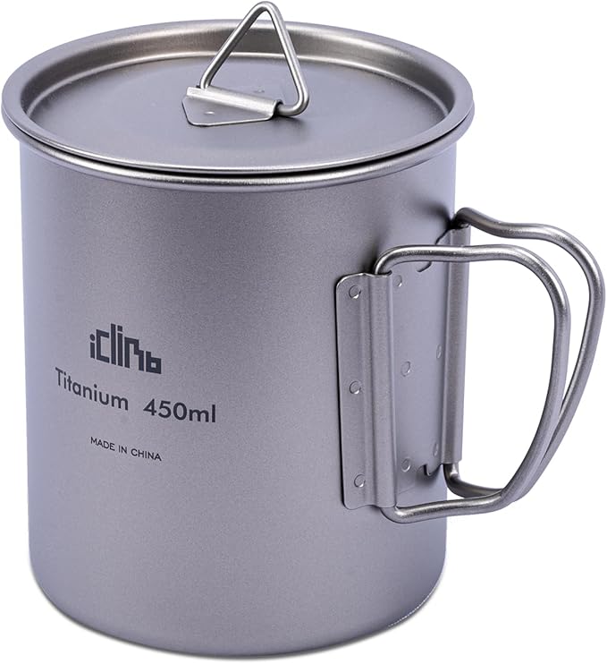 iClimb Titanium Cup Camping Coffee Mug Ultralight Compact with Foldable Handle (450ml)