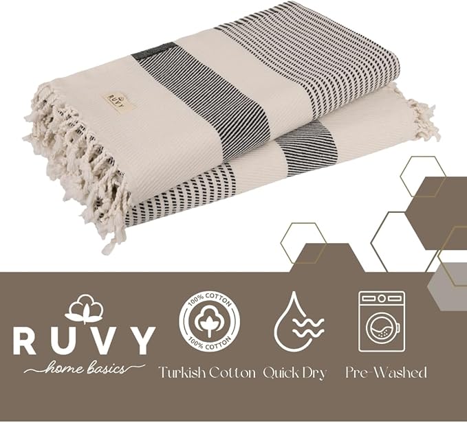 Ruvy Home Basics 2 Pack Turkish Beach Towels – Oversized Quick-Dry Bath Towels (40 x 72 Inches) – 100% Cotton Large Towels for Pool, Yoga, Travel, Camping Essentials, and Bathroom Decor - Black