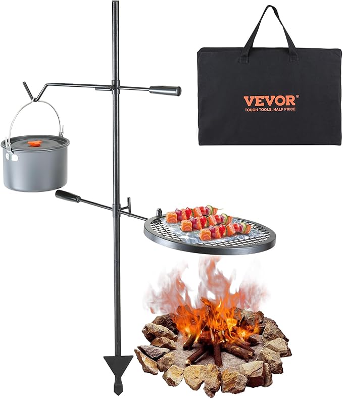 VEVOR Swivel Campfire Grill, Fire Pit Grill Grate over Fire Pits, Heavy Duty Steel Grill Grates, 360° Adjustable Open Fire Outdoor Cooking Equipment, Portable Camp Fire Racks for Camping Outdoor BBQ
