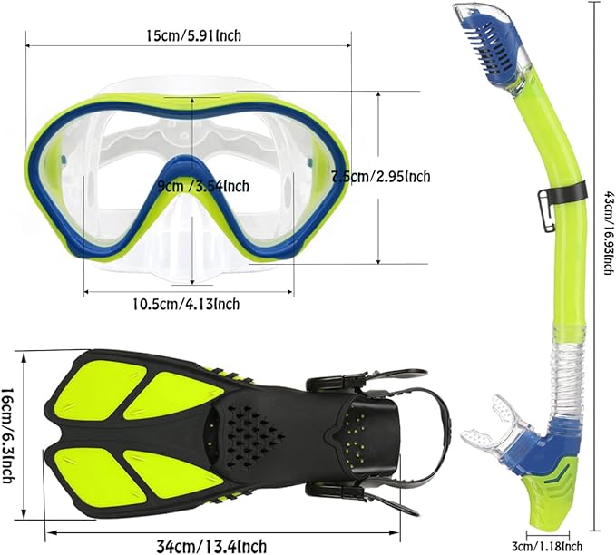 Kids Mask Fins Snorkel Set Snorkeling Packages, with Diving Mask, Snorkel, Adjustable Swim Fins, Mesh Bag, Anti-Fog Anti-Leak Snorkeling Gear for Kids for Snorkeling Swimming Diving