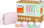 23-Piece All-in-One Silicone Travel Bottles Set – TSA Approved Leakproof Toiletry Kit with Double Bags, Flat Easy-Squeeze Bottles with Tactile Icons, Cream Jars, Pump & Spray, Cleaning Brush