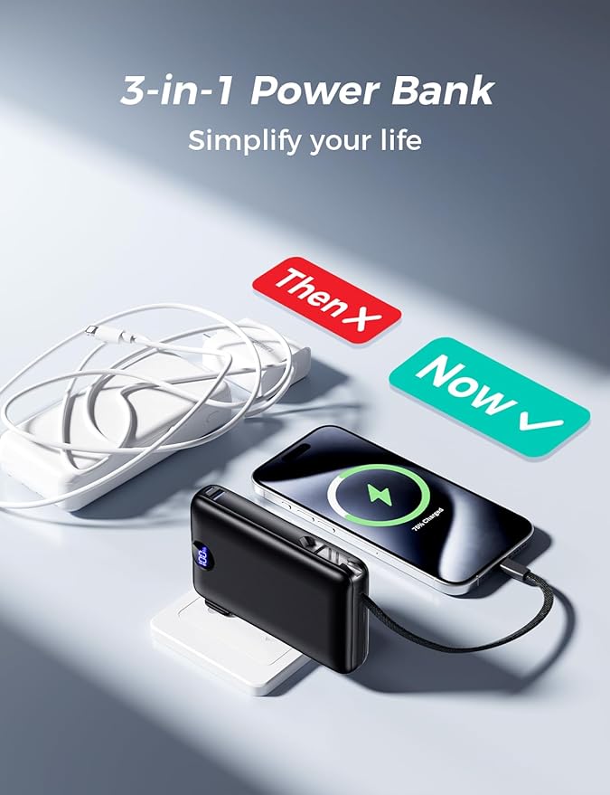 Portable Charger 50000mAh with Built-in Cables and AC Wall Plug, 22.5W Fast Charging Power Bank with LED Display for iPhone 17/16, Samsung, Android Devices, Camping, Road Trips and Travel, Dark