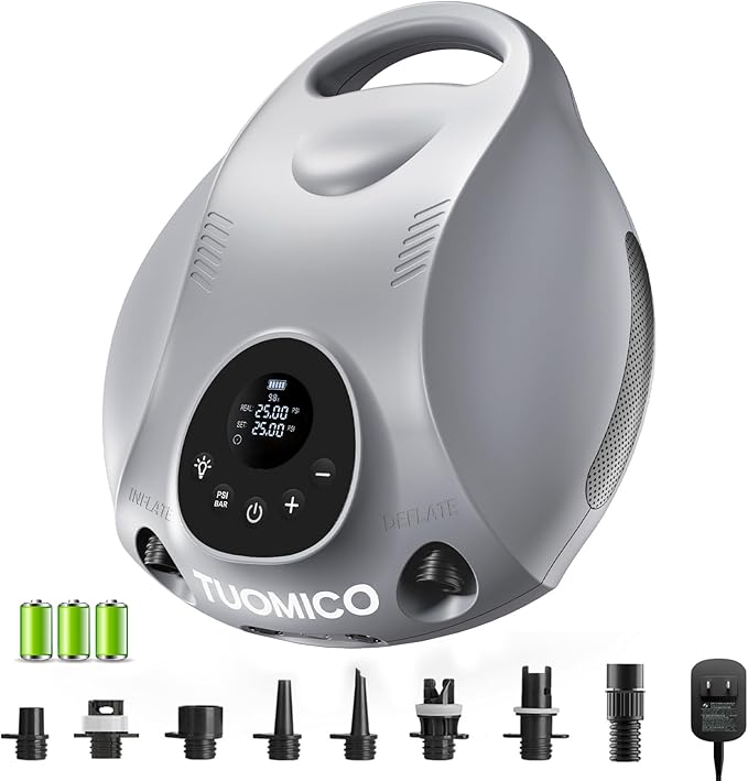 Tuomico Truely Portable Paddle Board Pump 25 PSI High Pressure Sup Air Pump,4 Minutes Fast Inflation, 74WH Rechargeable Battery Powered Electric Air Pump for Inflatable Kayak Boat Float Tent