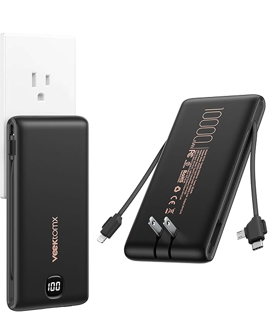 Portable Charger Power Bank Built in Cables and Wall Plug, 10000mAh iPhone Battery Pack Fast Charging, USB C External Slim Power Bank, Travel Essentials Compatible with iPhone 17 16 15 14 iPad, Black