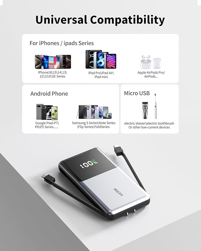 Portable Charger with Built in Cables, 10000mAh Power Bank with Wall Plug, Travel Essential Fast Charging Battery Pack for iPhone 17 16 15 14 etc (Blue)