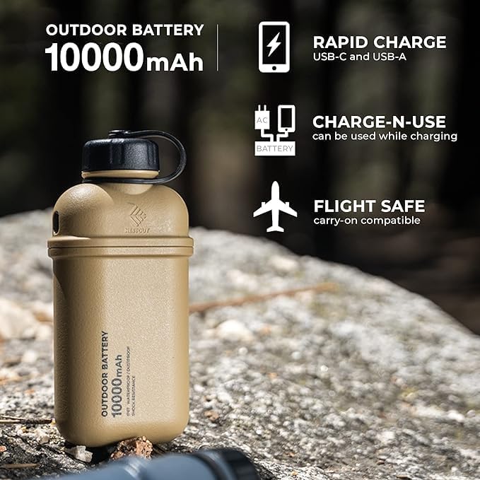 ELECOM NESTOUT 10000mAh Rugged Power Bank, Outdoor Battery Pack, 20W USB C Fast Charging PD, Waterproof IP67, Shockproof Military Grade, Tactical EDC Gear, Camping, Hiking, Hunting, Survival (Beige)
