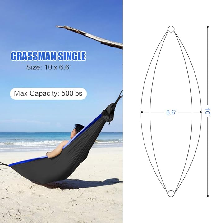 Grassman Camping Hammock Double & Single Portable Hammock with Tree Straps, Lightweight Nylon Parachute Hammocks Camping Accessories Gear for Indoor Outdoor Backpacking, Travel, Hiking, Beach
