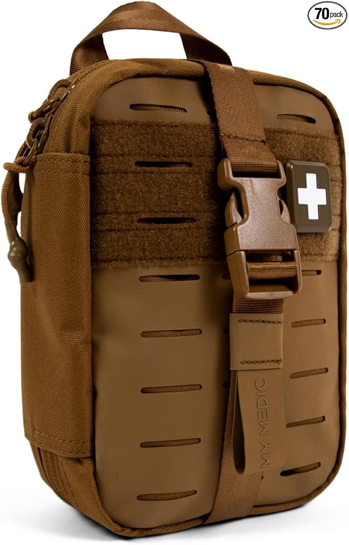 My Medic MyFak Mini Pro First Aid Kit - Small and Lightweight for Camping Hiking and Backpacking - 70 Items IFAK with Tourniquet - HSA/FSA Great for Travel - Coyote