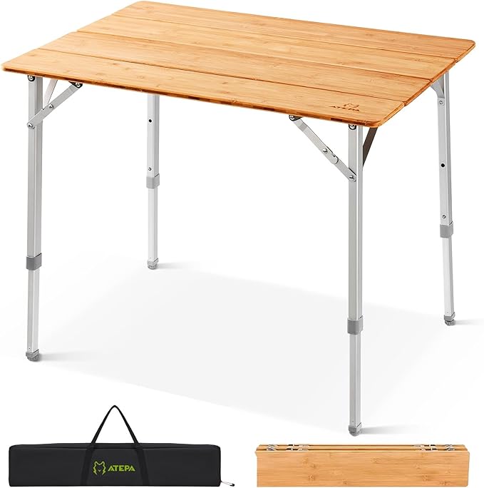 ATEPA Bamboo Folding Table, 32 * 24'' Adjustable Height Folding Camping Table, Eco Friendly l Wooden Folding Table with Aluminum Legs, Carry Bag for Picnic Beach Fishing Outdoor Indoor, 2-4 Person