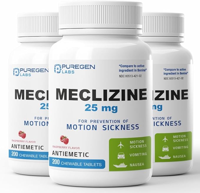 Puregen Labs Meclizine 25 mg Antiemetic 200 chewable Tablets | Motion Sickness Relief - Prevent Nausea, Vomiting, and Dizziness | Dairy Free | Made in USA | Value Pack – Total 600 chewable Tablets
