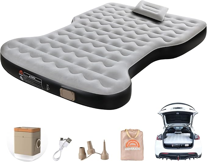 Coverado Car Air Mattress for Tesla Model Y, Self Inflating Car Sleeping Pad with Wireless Air Pump, 7" Thickened Tesla Model Y Mattress, Comfort Flocking Camping Bed, Model Y Accessories 2025-2021