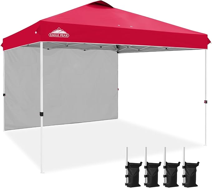 EAGLE PEAK Pop Up Canopy Tent with 1 Sidewall, Easy Setup Event Tent, Outdoor Sun Shade, Wheeled Carry Bag, Stakes and Guy Ropes, Instant Canopy 12x12, Red