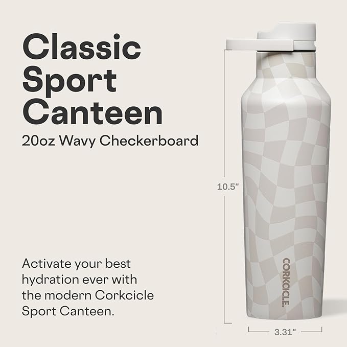 Corkcicle Classic Sport Canteen Insulated Water Bottle - Keeps Beverages Cold 25 Hours - Triple Insulated - Summer Drinkware Gift - Keeps Drinks Ice Cold - Leak-Proof Cap - 20 oz - Wavy Checkerboard