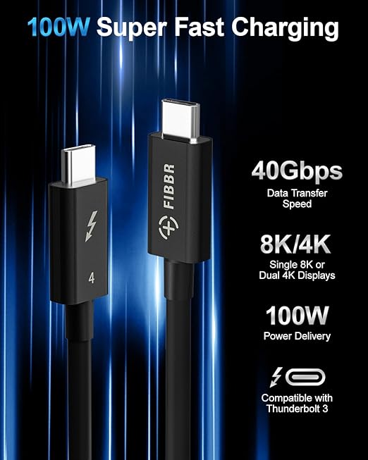 FIBBR Thunderbolt 4 Intel Certified USB 4.0 C Cable 3.3ft, High Speed 40Gbps Fast Charge 100W Type C Data Cable, Supporting 8K@60Hz Display for Laptop VR Box