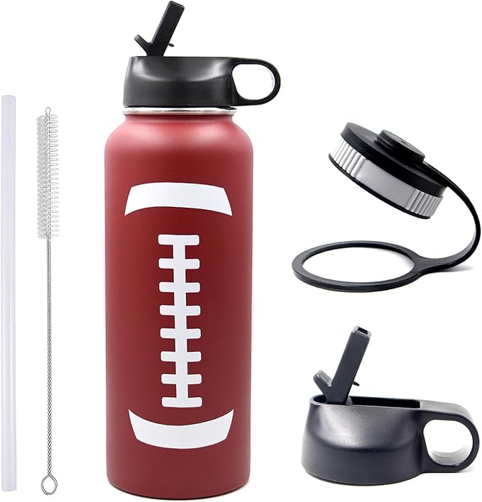 40 oz Football Water Bottle, Sports Cup Flask Metal Thermal Travel Mug with 2 Lids, Stainless Steel Double Wall Vacuum Leak Proof Insulated Water Jug, Football Accessories Gifts for Mom Men Boys Girls