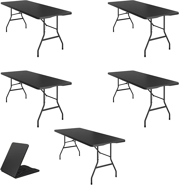 BTEXPERT Set of 5, Fold-in-Half Folding Utility Table 6 Feet 72"x 29.5" Lightweight Portable Carrying Handle Indoor Outdoor Picnic Camping Office Home Party Wedding Event Easy to Clean Store Black