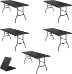BTEXPERT Set of 5, Fold-in-Half Folding Utility Table 6 Feet 72"x 29.5" Lightweight Portable Carrying Handle Indoor Outdoor Picnic Camping Office Home Party Wedding Event Easy to Clean Store Black