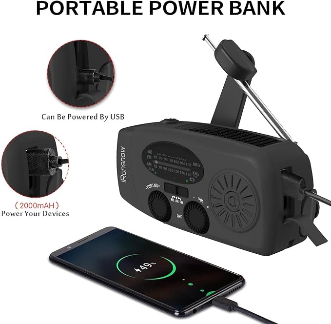 Solar Emergency NOAA Weather Radio Dynamo Hand Crank Self Powered AM FM WB Radios 3 LED Flashlight 2000mAh USB Smart Phone Charger Power SOS Alarm (Black)