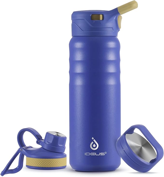 IDEUS Insulated Stainless Steel Water Bottle with 2 Leak-Proof Lids, Thermal Water Flask for Hiking Biking, 24oz, Purple