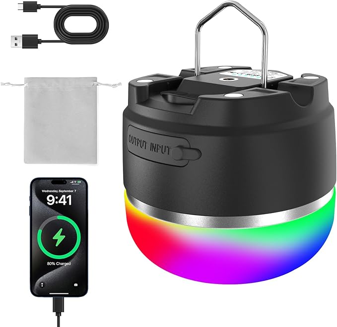 Rechargeable Camping Lantern 8000mAh, Portable RGB Hanging Lights Magnetic Base, Waterproof LED Tent Lights for Camping, Hurricane, Hiking, Home Emergencies, Outdoor Party - Black