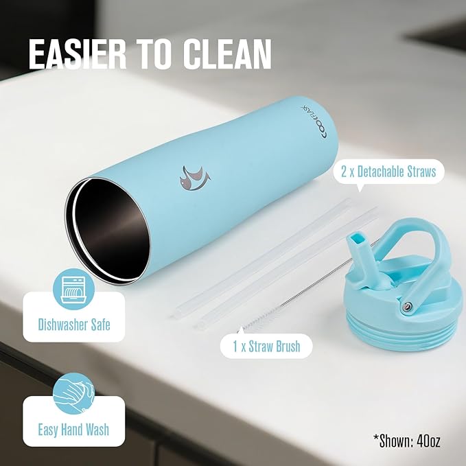 Coolflask Water Bottle 32 oz Fits Car Cup Holder, Slim Tumbler Stainless Steel with Straw & Handle, Vacuum Flask Leakproof Wide Mouth for Travel Sports Gym, Blue