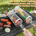 Rolling Grill Basket for Vegetables, Kebabs & Shrimp – 304 Stainless Steel BBQ Accessory with Side-Opening Design, Ideal for Outdoor Cooking & Camping