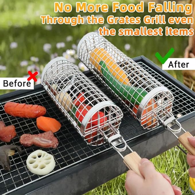 Rolling Grill Basket for Vegetables, Kebabs & Shrimp – 304 Stainless Steel BBQ Accessory with Side-Opening Design, Ideal for Outdoor Cooking & Camping