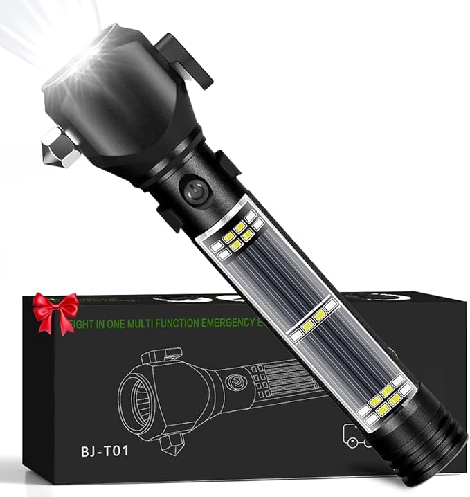Rechargeable Solar Powered Flashlight,Multi Function LED Tactical Flashlight with Glass Breaker,Seatbelt Cutter,Alarm and Phone Charger,Powerful Handheld Flashlights for Emergencies Camping
