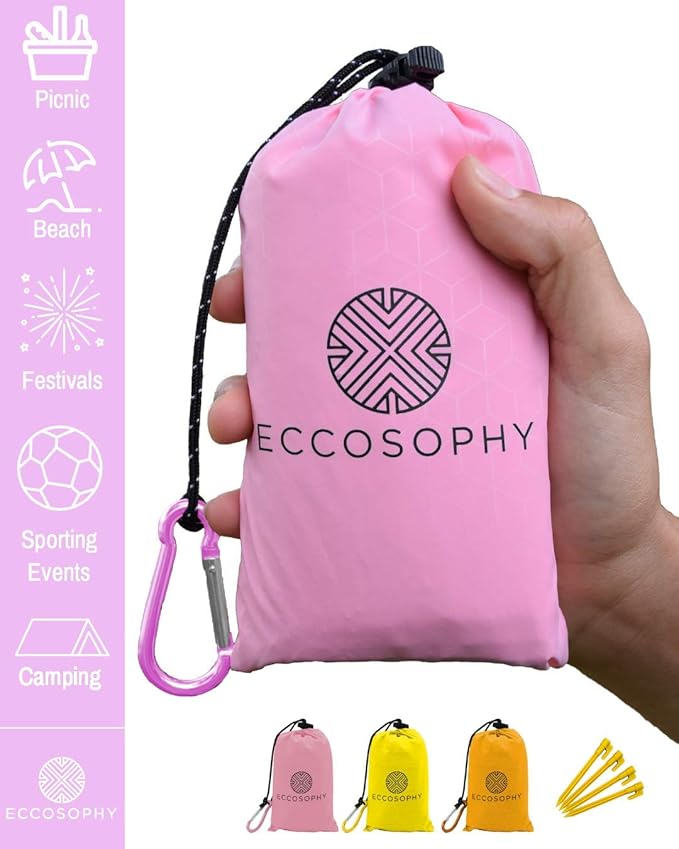 ECCOSOPHY Sand Proof Beach Blanket - 100% Waterproof Picnic Blanket 60x55 - Outdoor Compact Pocket Blanket - Lightweight Ground Cover for Hiking, Camping, Festivals, Sports, Travel- with Bag & Stakes