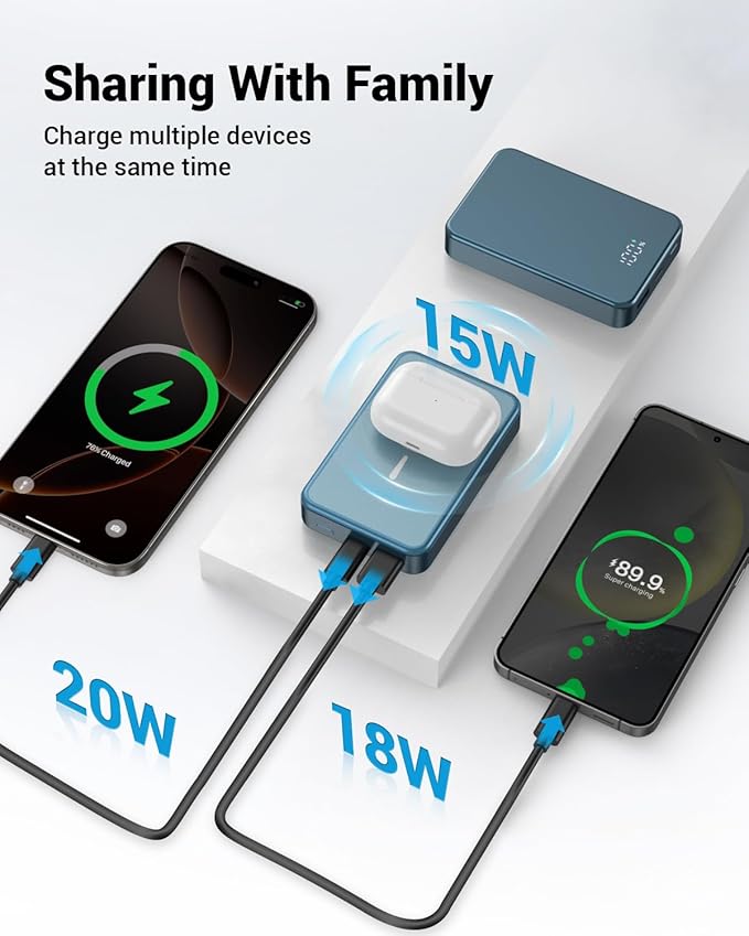 Magnetic Power Bank 26800mAh for Magsafe Portable Charger, Aluminum Alloy Large Capacity 20W USB-C in&Out Wireless Fast Charging for iPhone 17/16 Plus Pro Max/15/14/13/12 Series, Blue