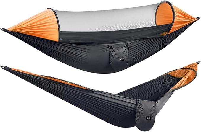 G4Free Large Camping Hammock with Mosquito Net 2 Person Pop-up Parachute Lightweight Hanging Hammocks Tree Straps Swing Bed for Outdoor Backpacking Backyard Hiking