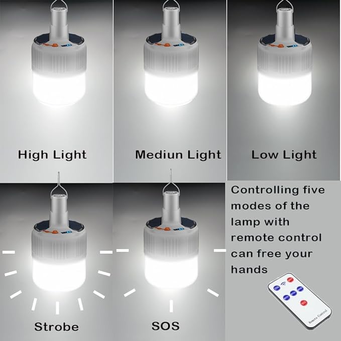 Solar Lamp Camping LED Tent Lights Remote Control 4000mah 5 Mode USB Rechargeable Portable Waterproof Lantern Blub Hanging Hook for Indoor Home Outdoor Emergency Courtyard Power Outage 2 Pack