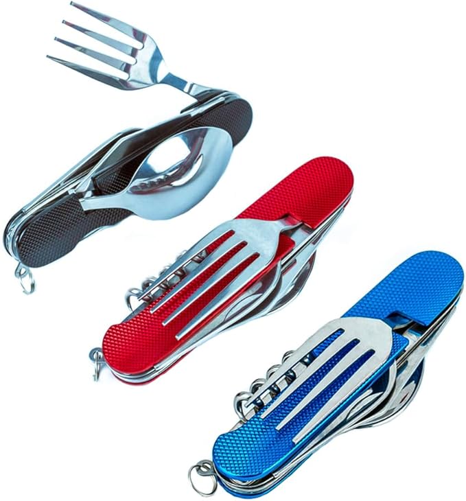6-in-1 Multi-Function Camping Utensil Flatware Set Detachable Spoon Fork Knife Combo Mess Kit with Carrying Pouch(Black + Blue + Red)