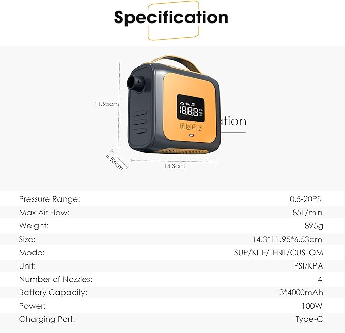 Zetta 138 SUP Pump 20PSI High Pressure Paddle Board Pump Quick Portable SUP Air Pump,Auto-Off &12V DC Car,6 Nozzles for for Inflatable Stand up Paddle Boards,Boats,Inflators