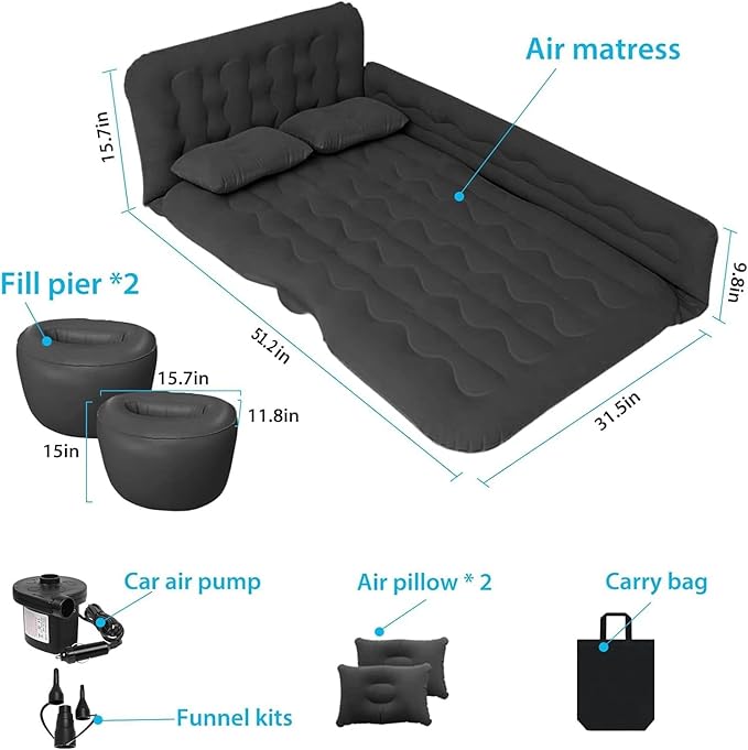 ISWEES Car Bed SUV Air Mattress, Car Air Mattress with Electric Pump, 2 Inflatable Pillows and 2 Footrests for Back Seat, Side Seat,Trunk Sleeping, Thickened Camping Bed - Black