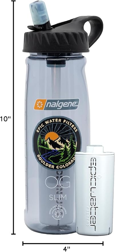 Epic Water Filters Nalgene OG Water Bottle with Filter, USA Made, BPA Free, Removes 99.99% Tap Water Contaminants, Forever Chemicals, Smoke Grey, 32 oz