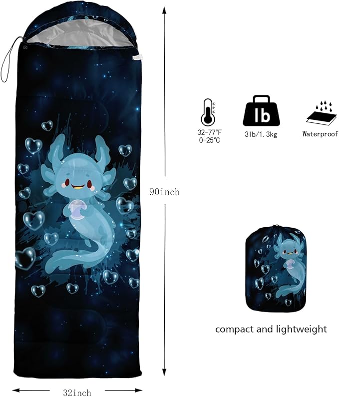 HOSIMA Cartoon Axolotl Sleeping Bags for Kids 10-12,Blue Cartoon Kids Sleeping Bags for Girls Boys,Compact Sleeping Bag for Camping Essentials and Hiking.