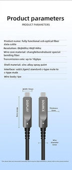 16.4ft/5m Full Function USB C Fiber Optic Cable, 10Gbps PD 60W Charging USB 3.2 C, Support 2-Lane DP1.4 and 8K 4K@60Hz Audio Video Output for VR, TV, Laptop