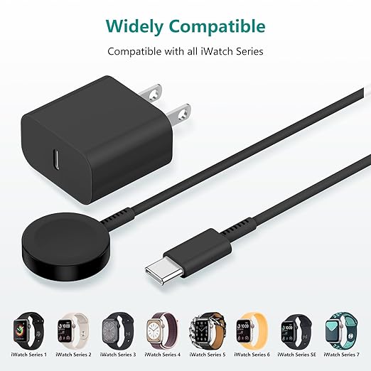 Upgraded Apple Watch Charger, Magnetic Fast Charger, USB C Charger Block Plug Adapter with 6FT iWatch Portable Wireless Fast Charging Cable Cord for iWatch Series Ultra/9/8/7/6/SE/SE2/5/4/3 Black