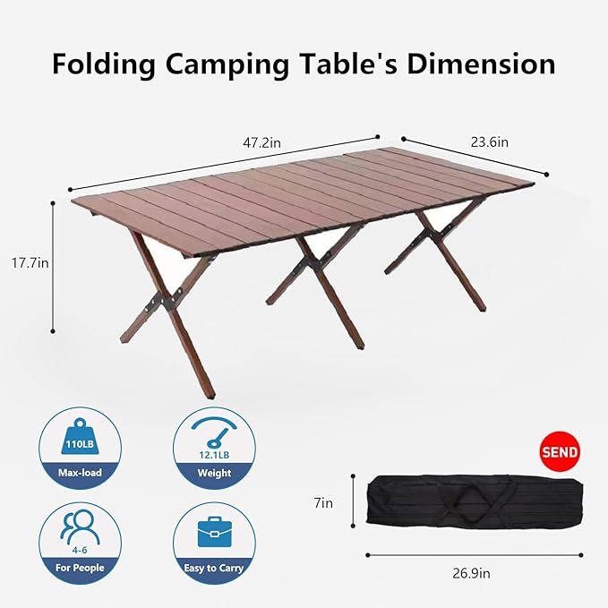 48Inch Folding Camping Table, Lightweight Roll-Up Table Aluminum Low Portable Picnic Table with Carrying Bag for Outdoor, Beach, Picnic, Backyards, BBQ and Party (Walnut, 120CM)