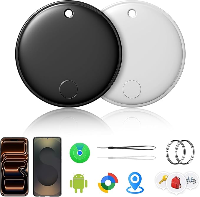 Tracker Smart Tags Android & iOS-2 Packs,Dual System Bluetooth Air Luggag Tracker Keys Finder/Item Locator Work with Apple Find My (iOS)&Google's Find Hub(Android) for Key,Backpack,Luggage Black